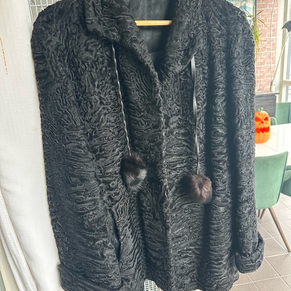 Vintage authentic Swakara black lamb and fox fur pompom coat - Picture 1 of 7